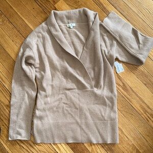 Cortland park 100% cashmere mock v neck open long sleeve sweater camel beige S